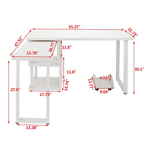 FCH L-Shaped Computer Desk with Storage Shelf White