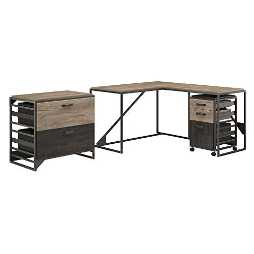 Bush Furniture Refinery 50W L Shaped Industrial Desk with 37W Return and File Cabinets in Rustic Gray