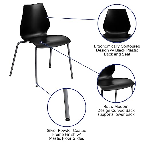 Flash Furniture Stack Chair 5 Pack - 770 lb. Capacity, Black with Lumbar Support and Silver Frame