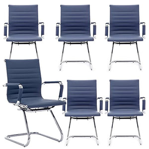 DM Furniture Office Desk Chair Set of 6 - PU Leather Mid Back Guest Chairs, Navy Blue