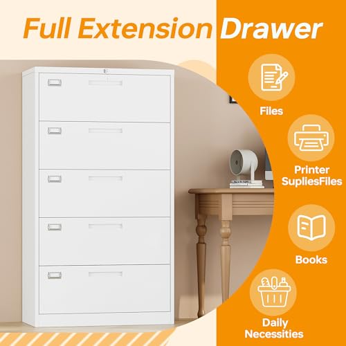 STANI 5 Drawer Metal File Cabinet with Lock - White, Home Office Lateral Filing Cabinet