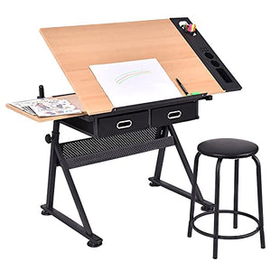 None Adjustable Drawing Table with Tiltable Tabletop and 2 Drawers/Stool