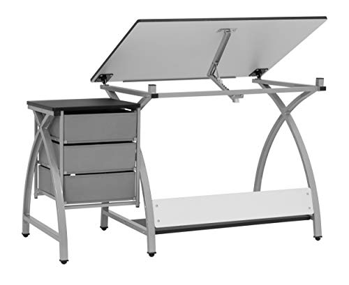 2 Piece Comet Art, Hobby, Drawing, Drafting, Craft Table with 36"W x 23.75"D Angle Adjustable Top and Stool in Silver/Black, Assembled Dimensions: 50" W x x 29.5" H