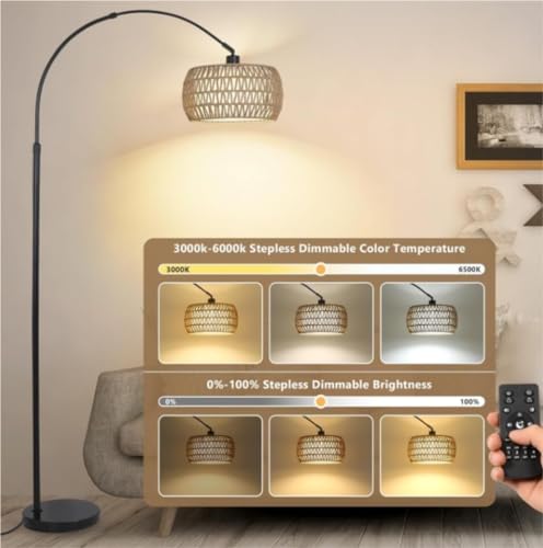 Habrur Boho Floor Lamp with Rattan & Fabric Shades - Modern Arc Floor Lamp
