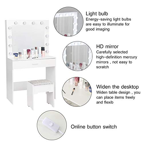 Onefa Makeup Vanity Table with Lighted Mirror, Cushioned Stool, Dressing Table, Vanity Makeup Table Set for Girl and Women, Vanity Dressing Table Set with Big Drawer