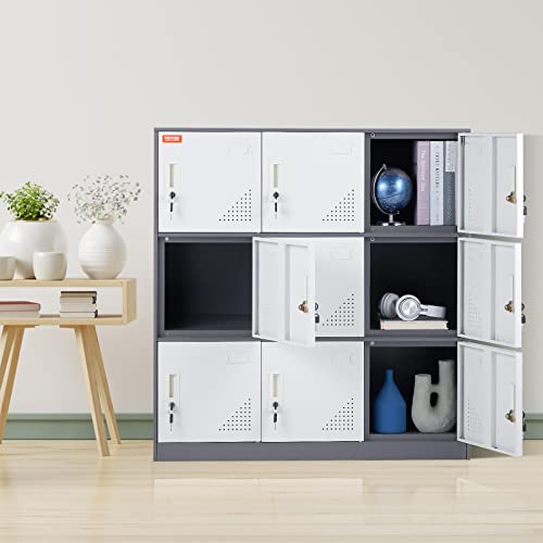 VEVOR Metal Employee Locker, 9 Doors Storage Cabinet with Card Slot, Gray Steel, Keys, 66lbs Capacity