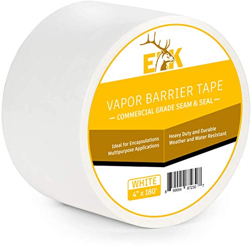 ELK Vapor Barrier Seam Tape, Moisture Barrier Seam and Seal Tape for Crawlspace Encapsulations, Carpet Padding, Underlayment, Marine Use, Waterproof 9 Mil Poly Tape (4 Inch x 180 Feet, White, 12 Pack)