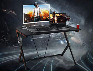 Gaming Desk 46" with USB Port, Racing Style Computer Desk with Cup Holder and Headphone Hook, Gaming PC Desk for Home Office Workstation 46" W x 29.5" D, Black