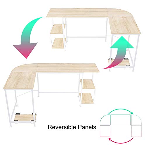 Teraves Computer Desk with 5 Tier Shelves & Reversible L Shaped Desk with Shelves Round Corner Computer Desk Gaming Table Workstation for Home Office