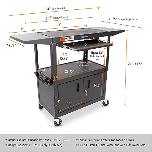 Stand Steady Line Leader Large AV Cart with Locking Cabinet & Drop Leaves, Rolling Height Adjustable Utility Cart with Pullout Laptop Keyboard Tray & Cord Management, Narrow Mobile Workstation (Black, 54 x 18)