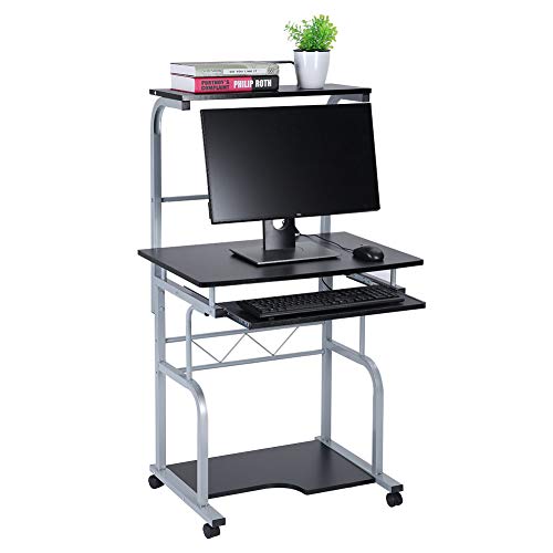Portable Wooden Computer Desk Rolling Mobile Stand Workstation Laptop Table for Home Office Black