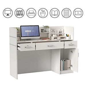 AGOTENI Reception Desk with Open Shelf & Drawers, Lockable Drawer, Wooden Counter (White)