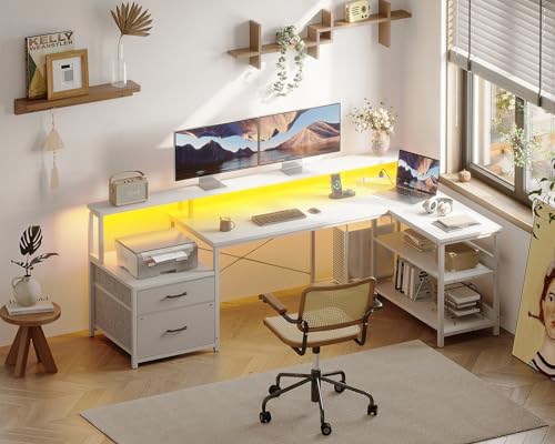 ODK L Shaped Desk with File Drawer, 75" Reversible Computer Desk, Power Outlet, LED Strip, Storage Shelves, Monitor Shelf - White