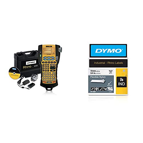 DYMO Industrial Label Maker & Carry Case | RhinoPRO 5200 Label Maker & Industrial Flexible Nylon Labels | Authentic DYMO Labels, for Labeling Wires, Cables and More (3/4%22, Black on White)