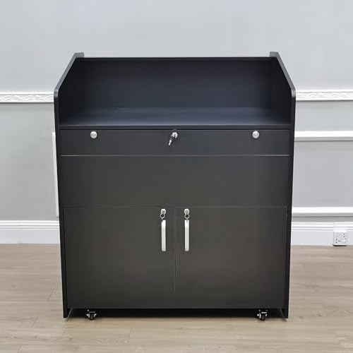 FixtureDisplays Multimedia Podium Pulpit Lectern with Cabinet, Side Drawer & Keyboard Tray - Black 119704-NF