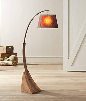 Franklin Iron Works Rustic Farmhouse Mission Arc Floor Lamp 66 1/2" Tall Dark Rust Natural Wood Amber Mica Drum Shade