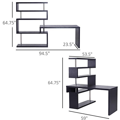 HOMCOM 94" 4 Tier L-Shaped Rotating Versatile Computer Desk with Shelves and Steel Frame - Black