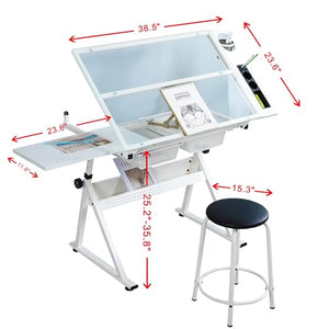 LiviNest Height Adjustable Drafting Table - Modern Glass Artist Drawing Desk with Chair