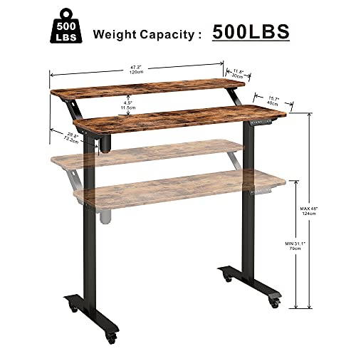 IRONCK Standing Desk, Electric Adjustable Height Desk, Home Office Desks with Shelve, 2-Tier Sit Stand Desk with Wheels, 4 Programmable Preset Controller, Rustic Brown