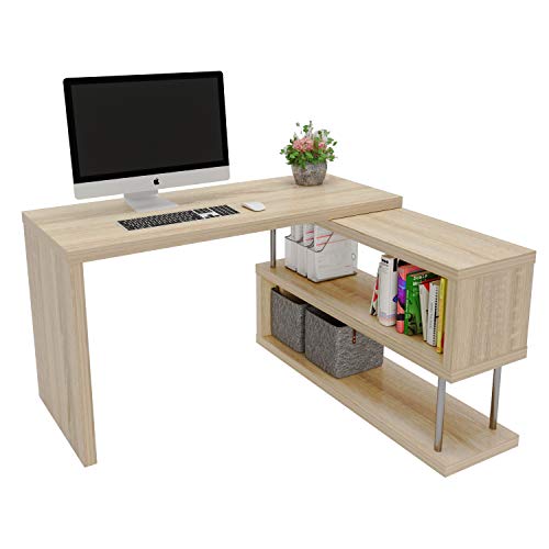 Rotating L Shaped Computer Desk Bestier, 51" Large Corner Office Desk with Open 2 Tier Storage Shelves, Lightweight Sturdy Hollow-Core Board Gaming L Desk Workstation for Home Office, Oak