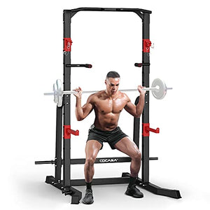 CDCASA Power Squat Rack, Adjustable Exercise Power Cage, Multi-Function J-Hook Power Tower with Pull Up Bar, Strength Weight Lifting Workout Squat Stand for Home Gym Fitness Equipment