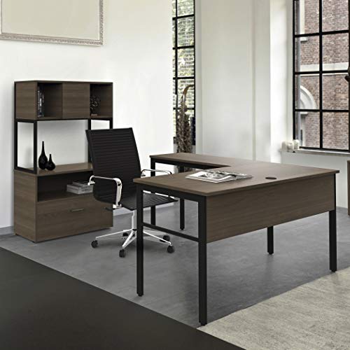 Linea Italia Urban L-Shaped Corner Home Office Easy to Assemble Modern Metal Computer Desk, Wood Top & Black Steel Frame, 60" x 60", Walnut