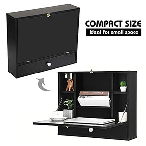 Wall Mounted Desk w/Storage Shelves & Hiden Drawer, Floating Computer Desk Home Office Table Desk Workstation, Space Saving, Laptop PC Table for Living Room, Bedroom, Office