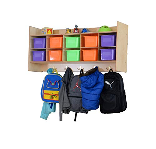 Contender 10 Section Wall Mounted Storage Cabinet with Assorted Pastel Trays, Multipurpose Playschool Furniture, Hardwood Shelf for Homeschool Supplies
