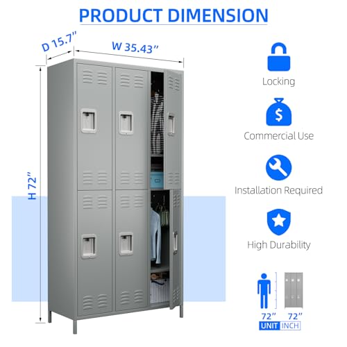 SUXXAN 6 Doors Metal Locker Combination with 12 Hooks, Double Tier Storage Locker W35.43*D15.7*H72 (Light Grey)