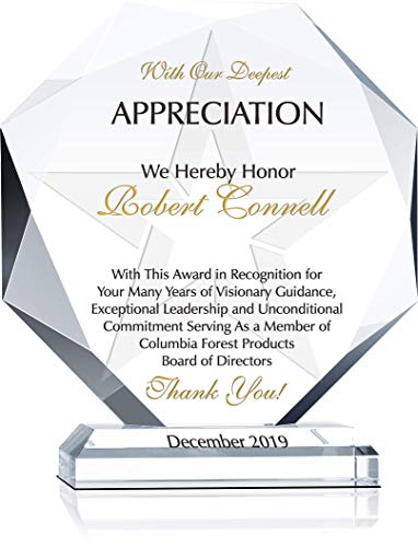 Custom Engraved Crystal Board of Director Appreciation Award Plaque, Unique Personalized Thank You Gift, Farewell Gift, Retirement Gift, Going Away Gift for Board Member and Executives (XL - 10")