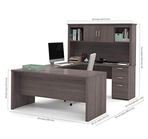 Bestar Logan U-Shaped Desk with Hutch, Lateral File Cabinet, and Bookcase in Bark Grey, 66W