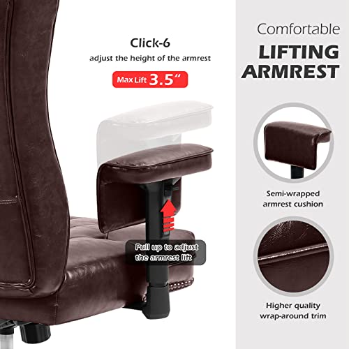 YAMASORO High Back Ergonomic Executive Office Chair with Wheels and Arms, Brown Faux Leather