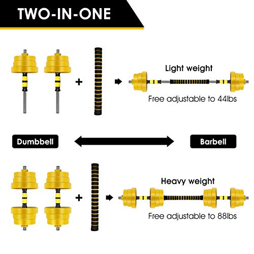 CDCASA Adjustable Dumbbells, 88 Lbs Free Weight Set, Dumbbell Barbell 2 in 1, Solid and Configurable with Rubbery Protective Cover, Easy Assembly and Save Space, Home Gym Equipment for Men and Women