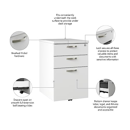 Bush Business Furniture Office in an Hour 3 Rolling File Cabinet | Mobile Under Desk Drawers - Pure White
