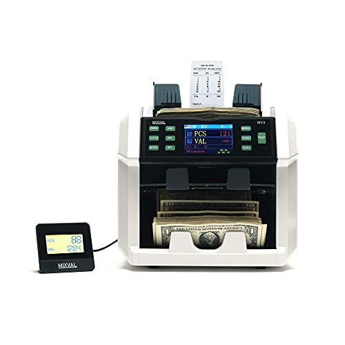 MIXVAL MV3 Mixed Money Counter Machine | 2-Pocket Premium Bank Grade w/Counterfeit Detector | Mixed Denomination, Currency & Bill Counting | Fast & Accurate Cash Counter | Customer Screen & Printer