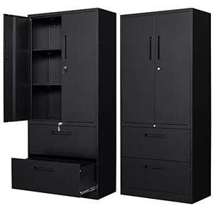 Letaya Metal File Cabinet with Lock, 2 Drawers, Adjustable Shelves - Black