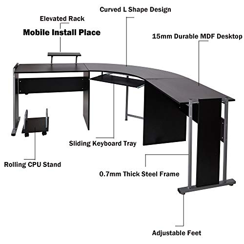 71" L-Shaped Gaming Desk -Large Desktop 22” Wide Wood Curved Corner Office Desk -Sturdy Computer Writing Desks PC Laptop Table Workstation for Home Office, Black