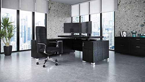 Zuri Furniture Ford Executive Modern Adjustable Height Desk with Left Return and Filing Cabinets - Black Oak