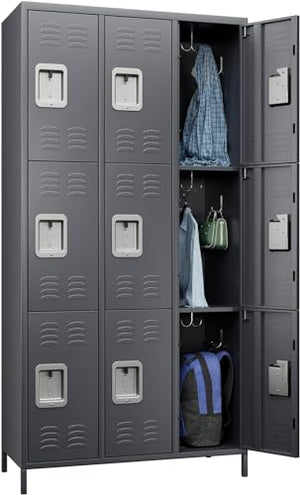 GangMei Metal Lockers with 18 Hooks & 9 Doors, Steel Storage Cabinet (Dark Grey)