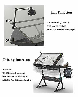 ZERVA Height Adjustable Drafting Table with Stool and Glass Tabletop