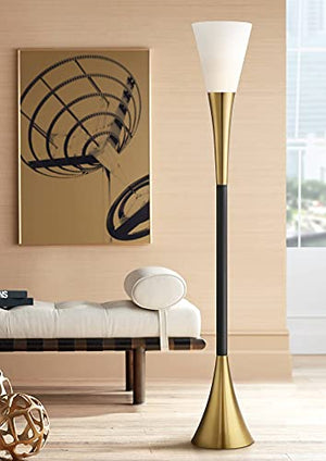 Possini Euro Design Piazza Mid Century Modern Torchiere Floor Lamp 72.5" - Black Antique Brass