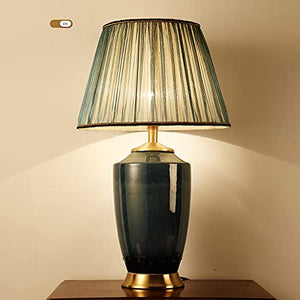 EARSHOT Blue Ceramic Table Lamp with Fabric Lampshade and Copper Base - Modern Nightstand Lamp for Home Office and Cafe