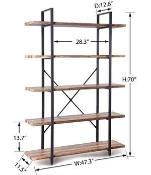 Homissue 5-Tier Bookcase, Vintage Industrial Wood and Metal Bookshelves for Home and Office Organizer, Retro Brown