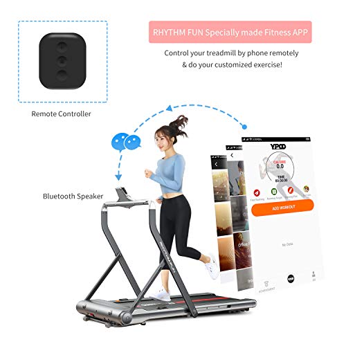 RHYTHM FUN Treadmill Folding Treadmill Under Desk Walking Treadmill with Foldable Handtrail Wide Tread Belt Super Slim Mini Quiet Home Treadmill with Smart Remote Control and Workout App (Silver)