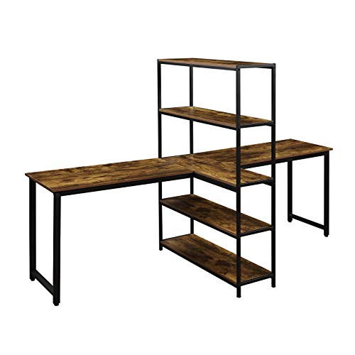 PovKeever Home Office Two Person Computer Desk with Shelves, Extra Large Double Workstations Office Desk with Storage Shelves (Brown)