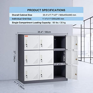 VEVOR Metal Employee Locker, 9 Doors Storage Cabinet with Card Slot, Gray Steel, Keys, 66lbs Capacity
