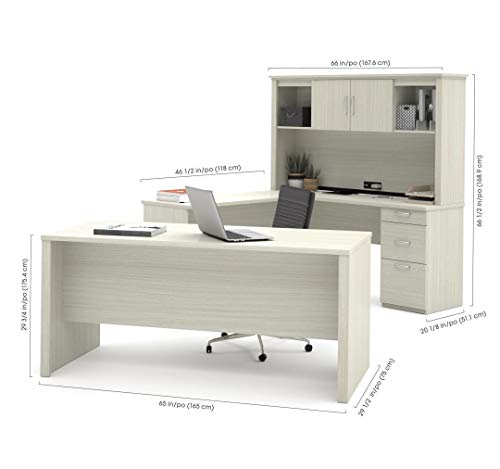 Bestar Logan U-Shaped Desk with Hutch, Lateral File Cabinet, Bookcase - 66W, White Chocolate