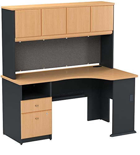 Bush Business Furniture Series A 60W Corner Desk with Hutch and 2 Drawer Pedestal in Beech and Slate