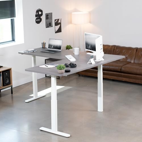 VIVO Electric Height Adjustable L-Shaped Corner Stand Up Desk, White Frame, 2 Dark Gray Table Tops, Memory Controller, 3E Series