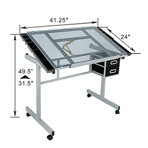 Drawing Desk Station Tempered Glass Adjustable Craft Drafting Table 4 Wheels Supplies Adjustable Desk Craft Table Drafting Table Office Furniture Drawing Supplies Desk Drawing Table